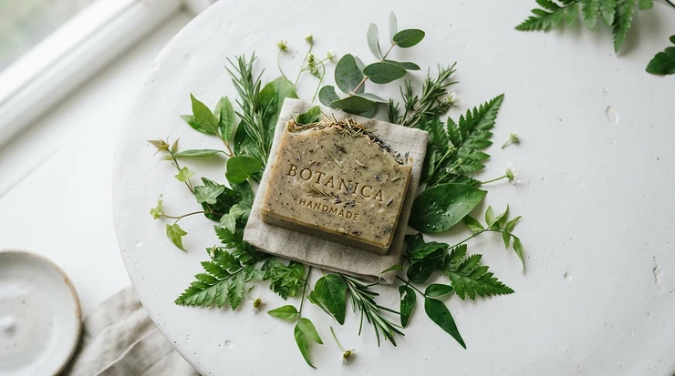 Minimalist flat lay featuring natural acne soap for adult hormonal acne and botanicals