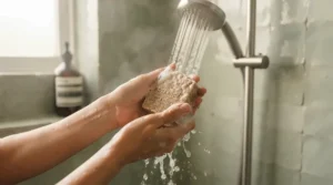 Person holding gentle acne soap for adult hormonal acne during a morning shower