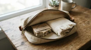 Packaged acne soap for adult hormonal acne inside an open travel toiletry bag