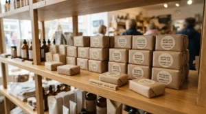 Affordable acne bar soap displayed neatly on a bright drugstore aisle shelf.