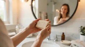 An affordable anti-aging bar soap being held near a glowing vanity mirror.