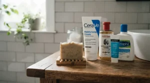 An affordable eczema relief bar soap displayed alongside budget drugstore skincare essentials.