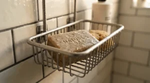 Affordable everyday bar soap placed in a modern shower caddy