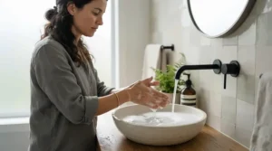 Washing hands with all-natural bar soap for normal skin daily use at a modern bathroom vanity.