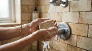 Rich lather from an all-natural bar soap for normal skin daily use during a refreshing morning shower.
