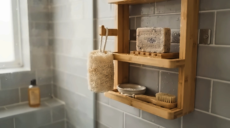 An organized shower shelf featuring an all-natural bar soap for normal skin daily use.
