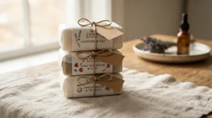 A neat stack of handcrafted all-natural bar soap for normal skin daily use wrapped in simple paper.