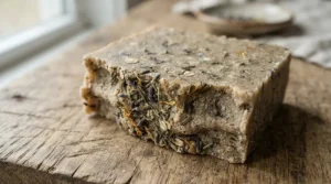 Close-up view showing the rich texture of an all-natural bar soap for normal skin daily use.