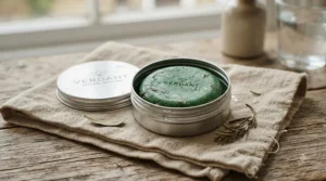 An all-natural bar soap for normal skin daily use packed inside a compact eco-friendly travel case.