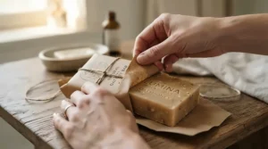 Unwrapping a fresh all-natural bar soap for normal skin daily use on a clean white countertop.