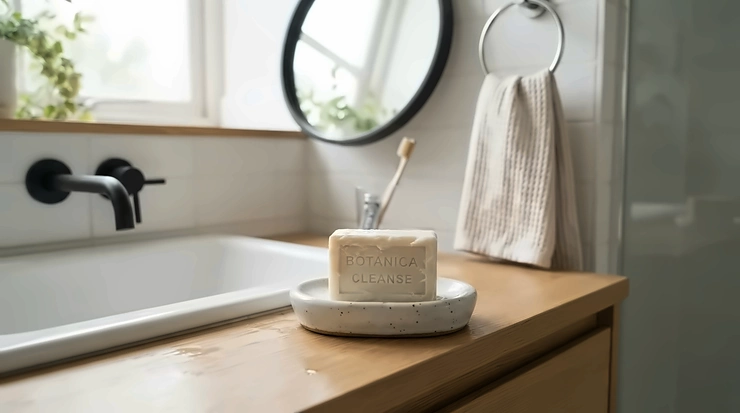An anti-aging bar soap resting on a ceramic dish near a bathroom sink.
