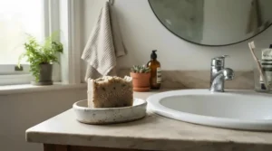 An anti-aging bar soap resting on a soap dish on a modern bathroom vanity