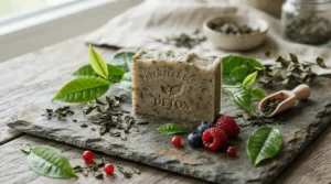 Visuals highlighting antioxidant benefits found in anti-aging bar soap reviews for mature skin alongside fresh botanical ingredients.