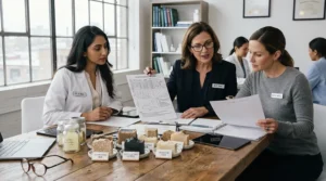 Dermatologists collaborating on notes featured in anti-aging bar soap reviews for mature skin during a clinical skincare panel.