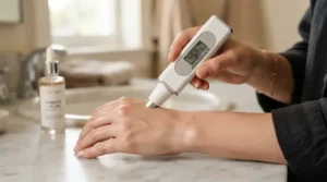A hydration moisture meter being used in anti-aging bar soap reviews for mature skin to measure skin barrier health.