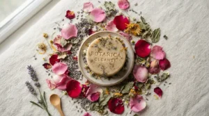 A flat lay photograph of an anti-aging bar soap with botanical ingredients scattered around