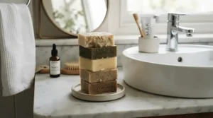 Family-sized bulk pack of daily use cleansing bars resting beside a white ceramic sink in a modern bathroom.