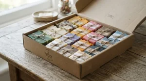 A value multipack of gentle cleansing bars for normal skin, neatly arranged in a cardboard box on a wooden shelf.