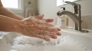 Person creating a rich lather with a daily cleansing bar from a bulk family multipack under running water.
