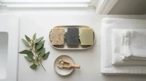 Flat lay photography of a bulk cleansing bar multipack with fluffy bath towels and fresh botanical sprigs.