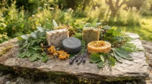 Organic cleansing bar multipack surrounded by botanical ingredients like oats and lavender for daily family hygiene.