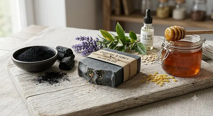 Natural bar soap with charcoal and honey for oily T-zone and dry cheeks