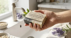 Handholding a hydrating bar soap for oily T-zone and dry cheeks