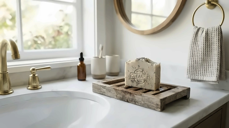 A budget everyday bar soap resting on a rustic wooden dish in a bright bathroom