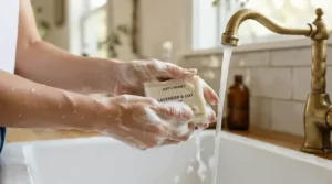 A budget firming bar soap being lathered up between hands under running water