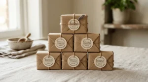 A stack of cheap everyday bar soap wrapped in minimal paper packaging