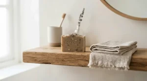 Collagen bar soap for mature skin over 50 neatly displayed on a minimalist wooden shelf in a spa-like home bathroom.