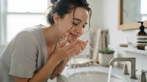 Gentle application of collagen bar soap for mature skin over 50 highlighting moisture and hydration benefits.