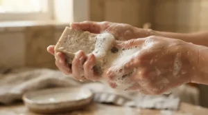 Close-up of rich lather from collagen bar soap for mature skin over 50 being worked gently between hands.