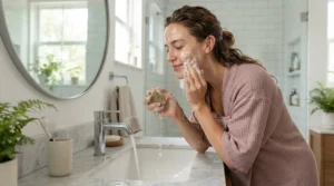 A woman using collagen bar soap for mature skin over 50 during her morning skincare routine in a sunlit bathroom.