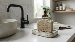 A textured collagen bar soap for mature skin over 50 resting on a ceramic soap dish by a modern bathroom sink.