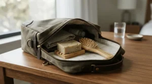 Collagen bar soap for mature skin over 50 packed inside a natural canvas travel pouch for a weekend getaway.