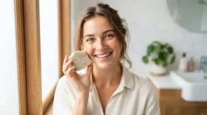 Smiling teenager holding a combination skin bar soap for teens after a refreshing wash