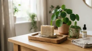 Daily skincare routine essentials featuring a combination skin bar soap for teens on a wooden shelf