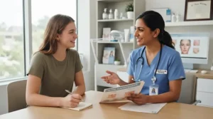 Dermatologist explaining benefits of combination skin bar soap for teens in a clinic