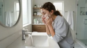 Teen washing face with a natural combination skin bar soap for teens in a bright bathroom