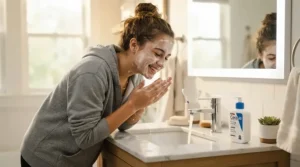 Teen washing face over bathroom sink using gentle combination skin bar soap for teens