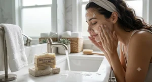 Woman washing face with gentle bar soap for oily T-zone and dry cheeks