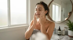 A person gently washing their face with a rich lather from an anti-aging bar soap