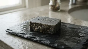 Discount everyday bar soap fresh out of its package on a slate tile