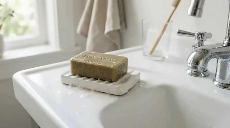 A family bathroom counter holding everyday bar soap with no dyes or additives for safe daily use.