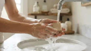 A close-up of everyday bar soap with no dyes or additives creating a soft, creamy lather on hands.