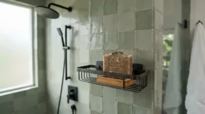Minimalist shower setup featuring everyday bar soap with no dyes or additives on a sleek metal shelf.