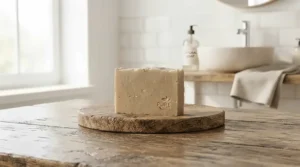 An everyday bar soap with no dyes or additives resting on a clean wooden tray next to a white washcloth.