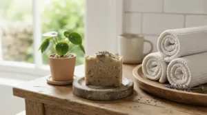 A wooden soap dish holding a firming bar soap for sagging mature skin on a bathroom vanity