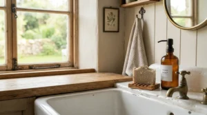 Using firming bar soap for sagging mature skin at a bright modern farmhouse bathroom sink